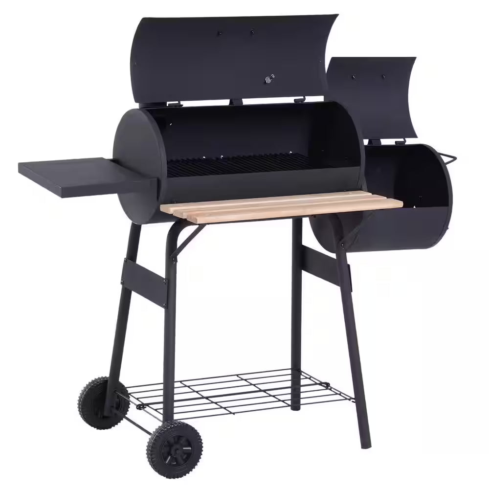 48 In. Steel Portable Backyard Charcoal BBQ Grill and Offset Smoker Combo in Black with Wheels and 2 Storage Shelves