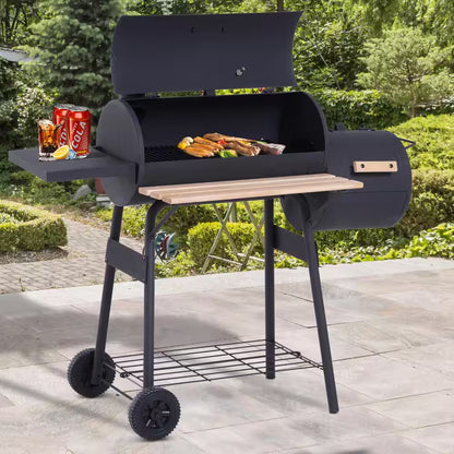 48 In. Steel Portable Backyard Charcoal BBQ Grill and Offset Smoker Combo in Black with Wheels and 2 Storage Shelves