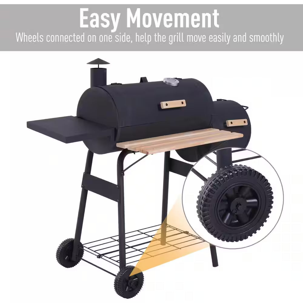 48 In. Steel Portable Backyard Charcoal BBQ Grill and Offset Smoker Combo in Black with Wheels and 2 Storage Shelves