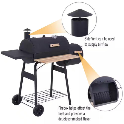 48 In. Steel Portable Backyard Charcoal BBQ Grill and Offset Smoker Combo in Black with Wheels and 2 Storage Shelves