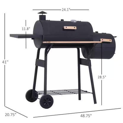 48 In. Steel Portable Backyard Charcoal BBQ Grill and Offset Smoker Combo in Black with Wheels and 2 Storage Shelves