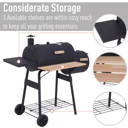 48 In. Steel Portable Backyard Charcoal BBQ Grill and Offset Smoker Combo in Black with Wheels and 2 Storage Shelves