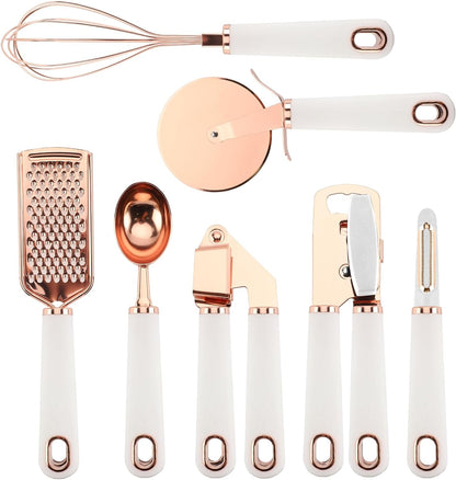 Kitchen Gadget Set Stainless Steel Utensils with Soft Touch Handles, 7 Pc. Copper, White