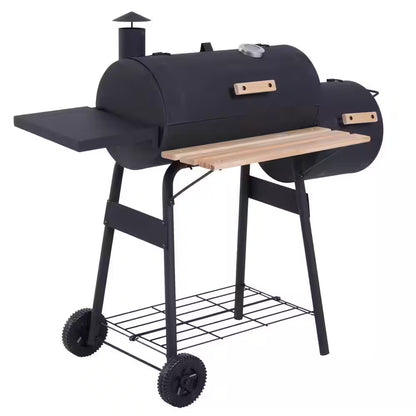 48 In. Steel Portable Backyard Charcoal BBQ Grill and Offset Smoker Combo in Black with Wheels and 2 Storage Shelves